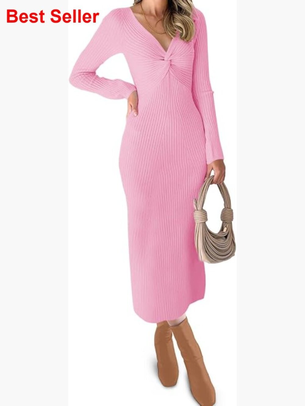 Women's Ribbed Knit Long Sleeve V-Neck Bodycon Midi Dress